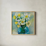 Early Blooms by Jeanette Vertentes. Shown in a natural wood glass frame for a timeless modern aesthetic. Available as an archival giclee rolled canvas, fine art paper, or poster print. SKU 78355a.