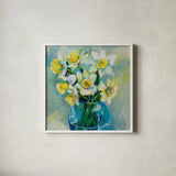 Early Blooms by Jeanette Vertentes. Shown in a crisp white glass frame for a clean and minimalist style. Available as an archival giclee rolled canvas, fine art paper, or poster print. SKU 78355a.