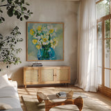 Early Blooms by Jeanette Vertentes. Shown in a natural wood frame in a cozy modern living room. Available as an archival giclee rolled canvas, fine art paper, or poster print. SKU 78355a.