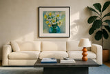 Early Blooms by Jeanette Vertentes. Displayed in a glass frame with matte in a clean modern living room. Available as an archival giclee rolled canvas, fine art paper, or poster print. SKU 78355a.