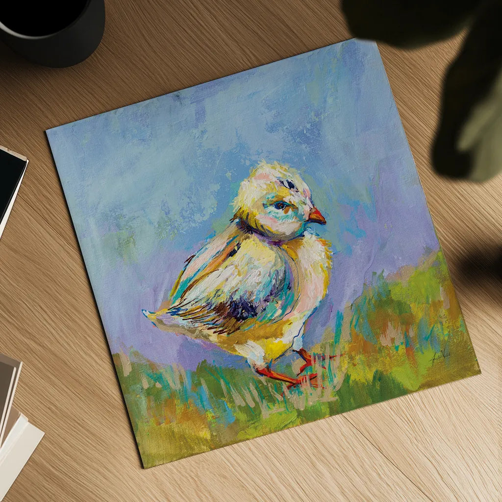 Easter Chick by Jeanette Vertentes. Shown as a detailed flat fine art print, highlighting archival giclee quality. Available as an archival giclee rolled canvas, fine art paper, or poster print. SKU 71465a.