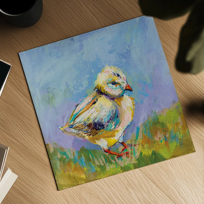 Easter Chick by Jeanette Vertentes. Shown as a detailed flat fine art print, highlighting archival giclee quality. Available as an archival giclee rolled canvas, fine art paper, or poster print. SKU 71465a.