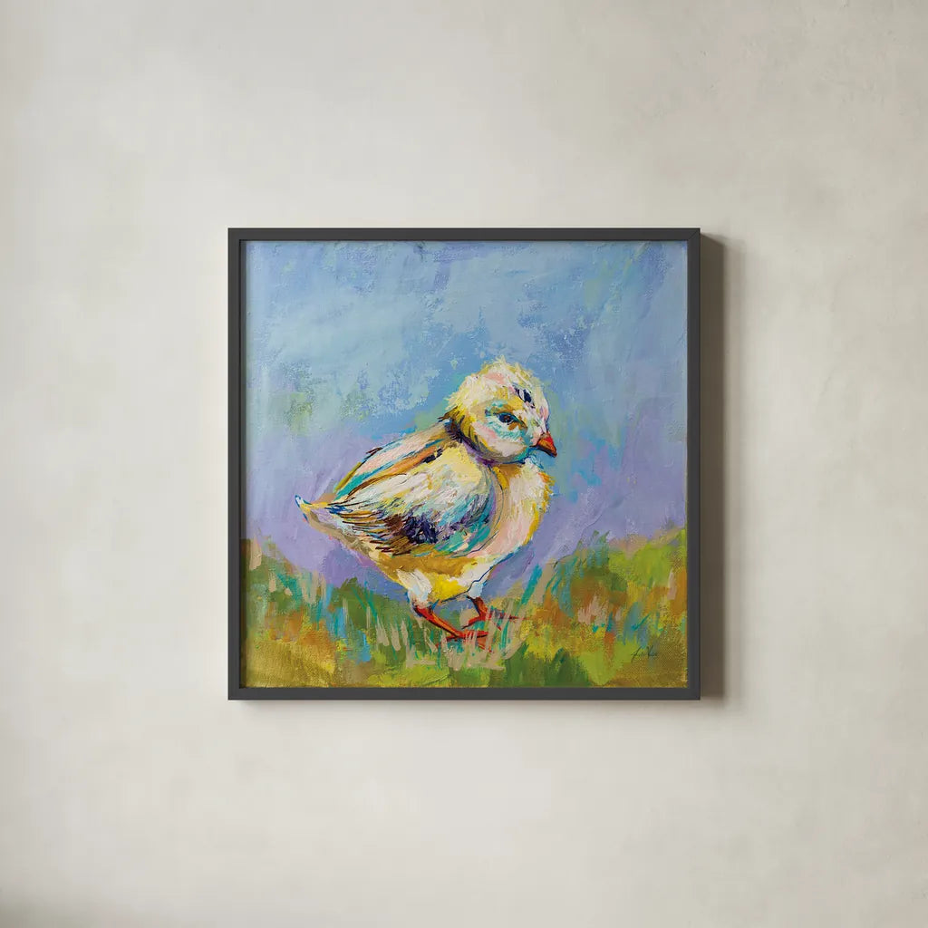 Easter Chick by Jeanette Vertentes. Shown in a sleek black glass frame for a contemporary gallery look. Available as an archival giclee rolled canvas, fine art paper, or poster print. SKU 71465a.