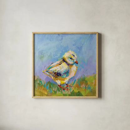 Easter Chick by Jeanette Vertentes. Shown in a natural wood glass frame for a timeless modern aesthetic. Available as an archival giclee rolled canvas, fine art paper, or poster print. SKU 71465a.