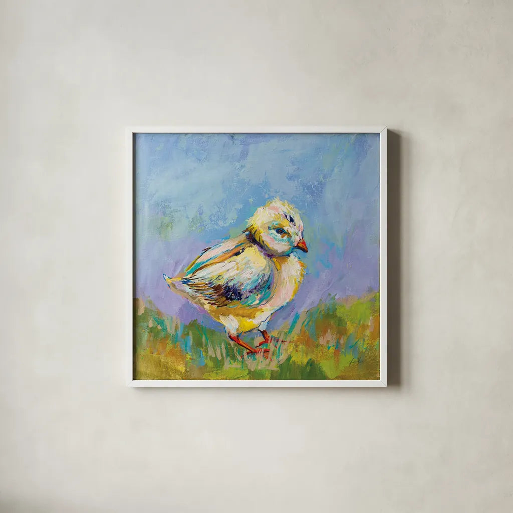 Easter Chick by Jeanette Vertentes. Shown in a crisp white glass frame for a clean and minimalist style. Available as an archival giclee rolled canvas, fine art paper, or poster print. SKU 71465a.