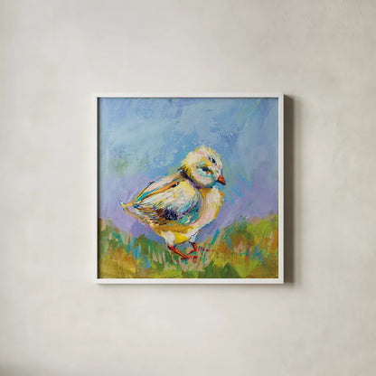 Easter Chick by Jeanette Vertentes. Shown in a crisp white glass frame for a clean and minimalist style. Available as an archival giclee rolled canvas, fine art paper, or poster print. SKU 71465a.