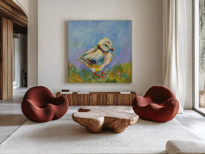 Easter Chick by Jeanette Vertentes. Shown as extra-large giant wall art in a modern living room. Available as an archival giclee rolled canvas, fine art paper, or poster print. SKU 71465a.