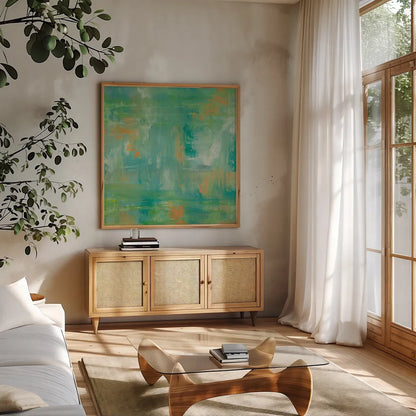 Ecstasy by Jeanette Vertentes. Shown in a natural wood frame in a cozy modern living room. Available as an archival giclee rolled canvas, fine art paper, or poster print. SKU 55480a.