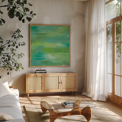 Elation by Jeanette Vertentes. Shown in a natural wood frame in a cozy modern living room. Available as an archival giclee rolled canvas, fine art paper, or poster print. SKU 55481a.