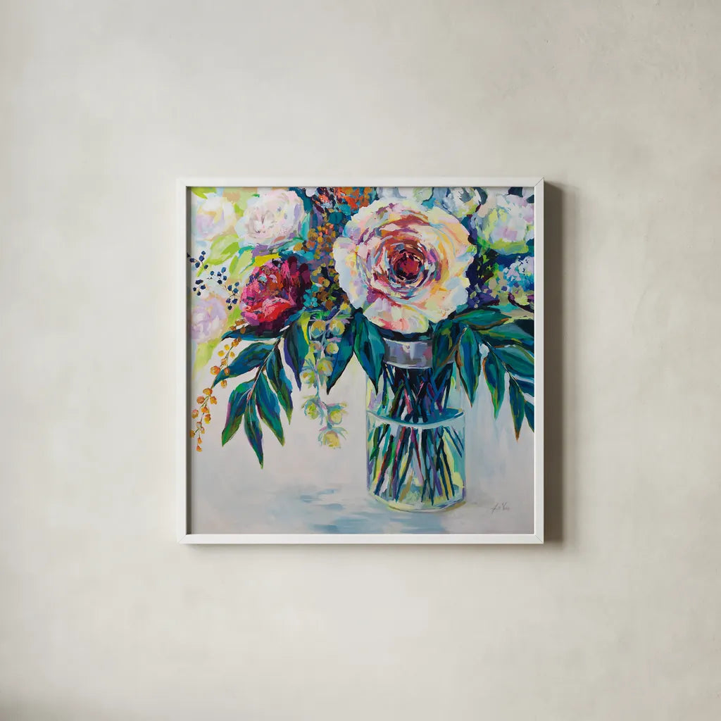 Elation by Jeanette Vertentes. Shown in a crisp white glass frame for a clean and minimalist style. Available as an archival giclee rolled canvas, fine art paper, or poster print. SKU 59809a.