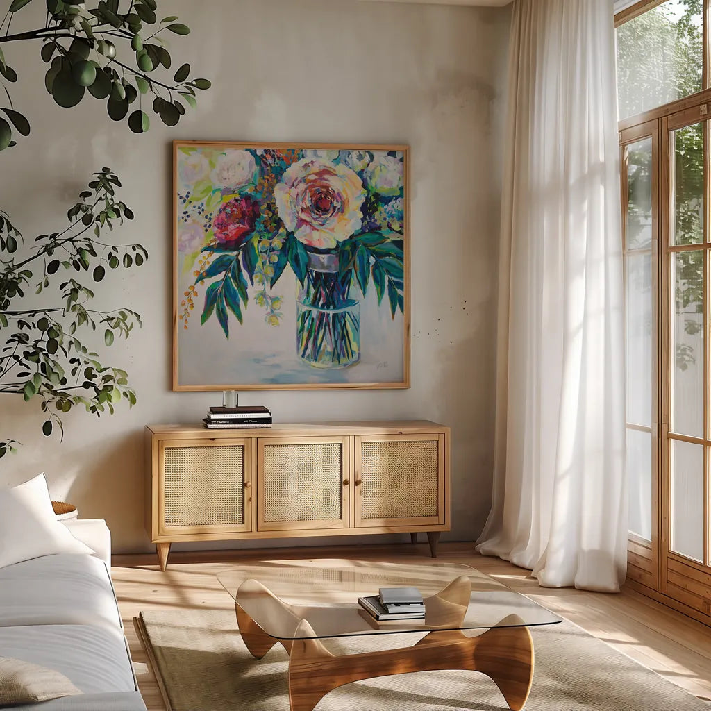 Elation by Jeanette Vertentes. Shown in a natural wood frame in a cozy modern living room. Available as an archival giclee rolled canvas, fine art paper, or poster print. SKU 59809a.