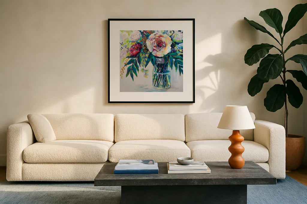 Elation by Jeanette Vertentes. Displayed in a glass frame with matte in a clean modern living room. Available as an archival giclee rolled canvas, fine art paper, or poster print. SKU 59809a.