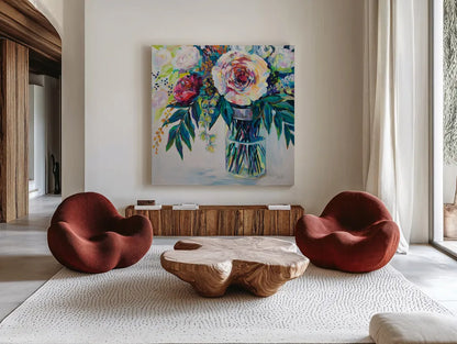 Elation by Jeanette Vertentes. Shown as extra-large giant wall art in a modern living room. Available as an archival giclee rolled canvas, fine art paper, or poster print. SKU 59809a.