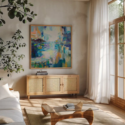 Elevated by Jeanette Vertentes. Shown in a natural wood frame in a cozy modern living room. Available as an archival giclee rolled canvas, fine art paper, or poster print. SKU 67456a.
