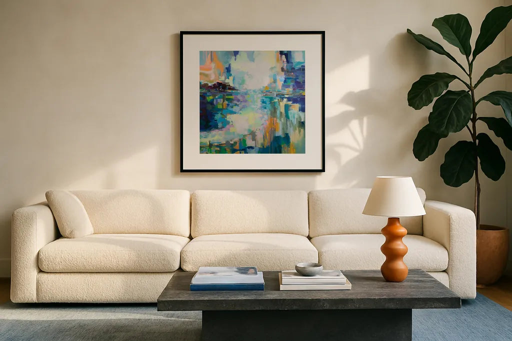 Elevated by Jeanette Vertentes. Displayed in a glass frame with matte in a clean modern living room. Available as an archival giclee rolled canvas, fine art paper, or poster print. SKU 67456a.