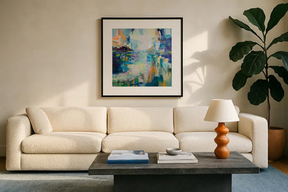 Elevated by Jeanette Vertentes. Displayed in a glass frame with matte in a clean modern living room. Available as an archival giclee rolled canvas, fine art paper, or poster print. SKU 67456a.