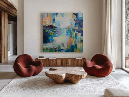 Elevated by Jeanette Vertentes. Shown as extra-large giant wall art in a modern living room. Available as an archival giclee rolled canvas, fine art paper, or poster print. SKU 67456a.