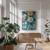 End of Summer Bouquet by Jeanette Vertentes. shown as a print in a natural wood frame in a dining room. Available as a archival giclee rolled canvas, fine art paper, or poster print. SKU 75677h.
