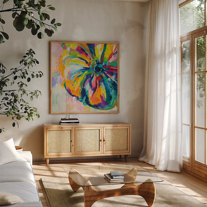 Engaging by Jeanette Vertentes. Shown in a natural wood frame in a cozy modern living room. Available as an archival giclee rolled canvas, fine art paper, or poster print. SKU 64385a.