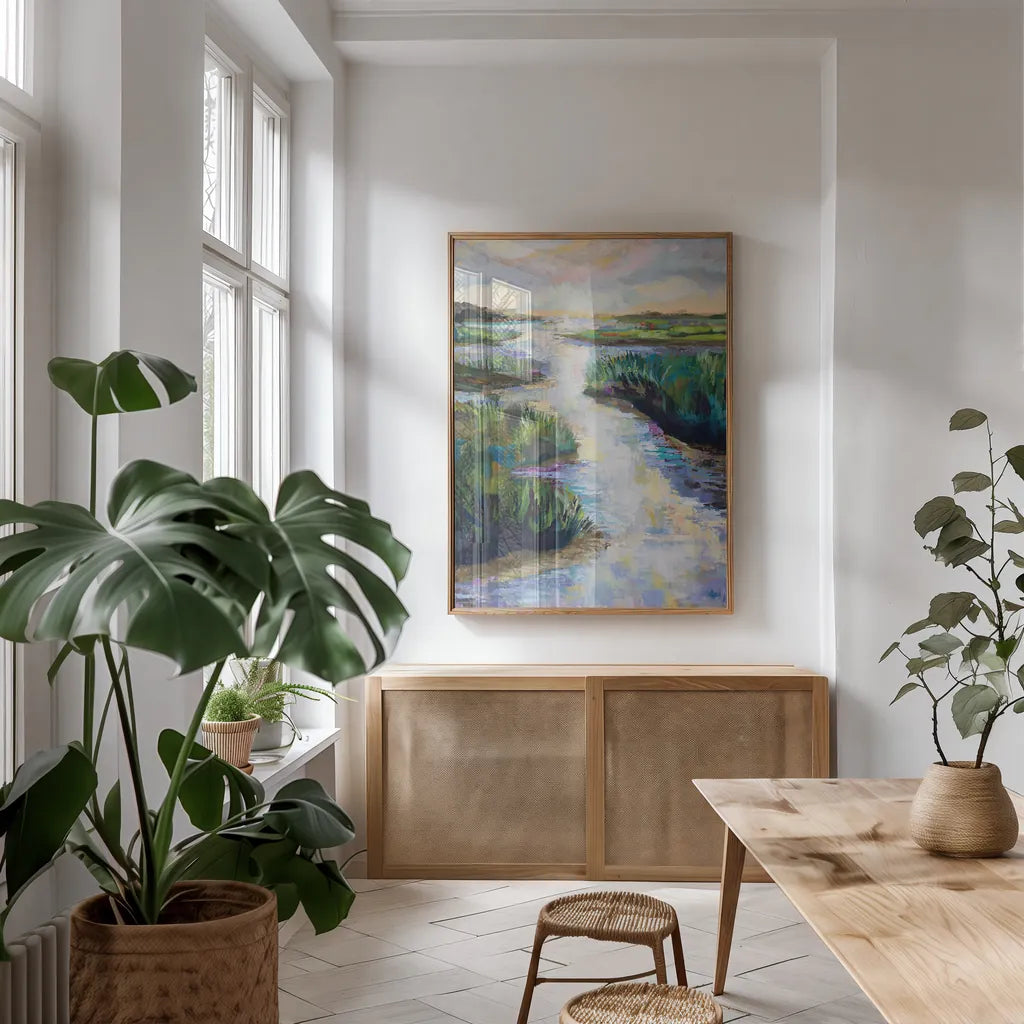 Escape by Jeanette Vertentes. shown as a print in a natural wood frame in a dining room. Available as a archival giclee rolled canvas, fine art paper, or poster print. SKU 92256h.
