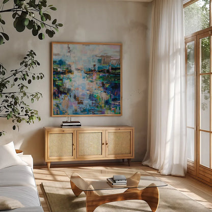 Evolving by Jeanette Vertentes. Shown in a natural wood frame in a cozy modern living room. Available as an archival giclee rolled canvas, fine art paper, or poster print. SKU 86791a.