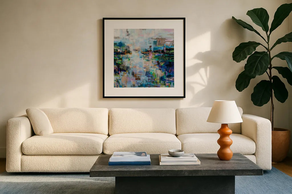 Evolving by Jeanette Vertentes. Displayed in a glass frame with matte in a clean modern living room. Available as an archival giclee rolled canvas, fine art paper, or poster print. SKU 86791a.