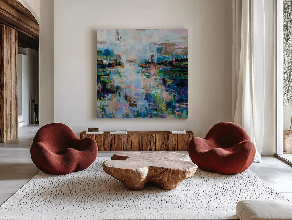 Evolving by Jeanette Vertentes. Shown as extra-large giant wall art in a modern living room. Available as an archival giclee rolled canvas, fine art paper, or poster print. SKU 86791a.