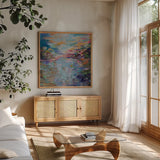 Exuberance by Jeanette Vertentes. Shown in a natural wood frame in a cozy modern living room. Available as an archival giclee rolled canvas, fine art paper, or poster print. SKU 103174a.