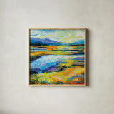 Fall Marsh by Jeanette Vertentes. Shown in a natural wood glass frame for a timeless modern aesthetic. Available as an archival giclee rolled canvas, fine art paper, or poster print. SKU 67243a.