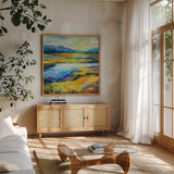 Fall Marsh by Jeanette Vertentes. Shown in a natural wood frame in a cozy modern living room. Available as an archival giclee rolled canvas, fine art paper, or poster print. SKU 67243a.