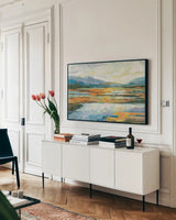 Fall Marsh Warm Crop by Jeanette Vertentes. shown as a framed stretched canvas in a living room above a console. Available as a archival giclee rolled canvas, fine art paper, or poster print. SKU 68094i.