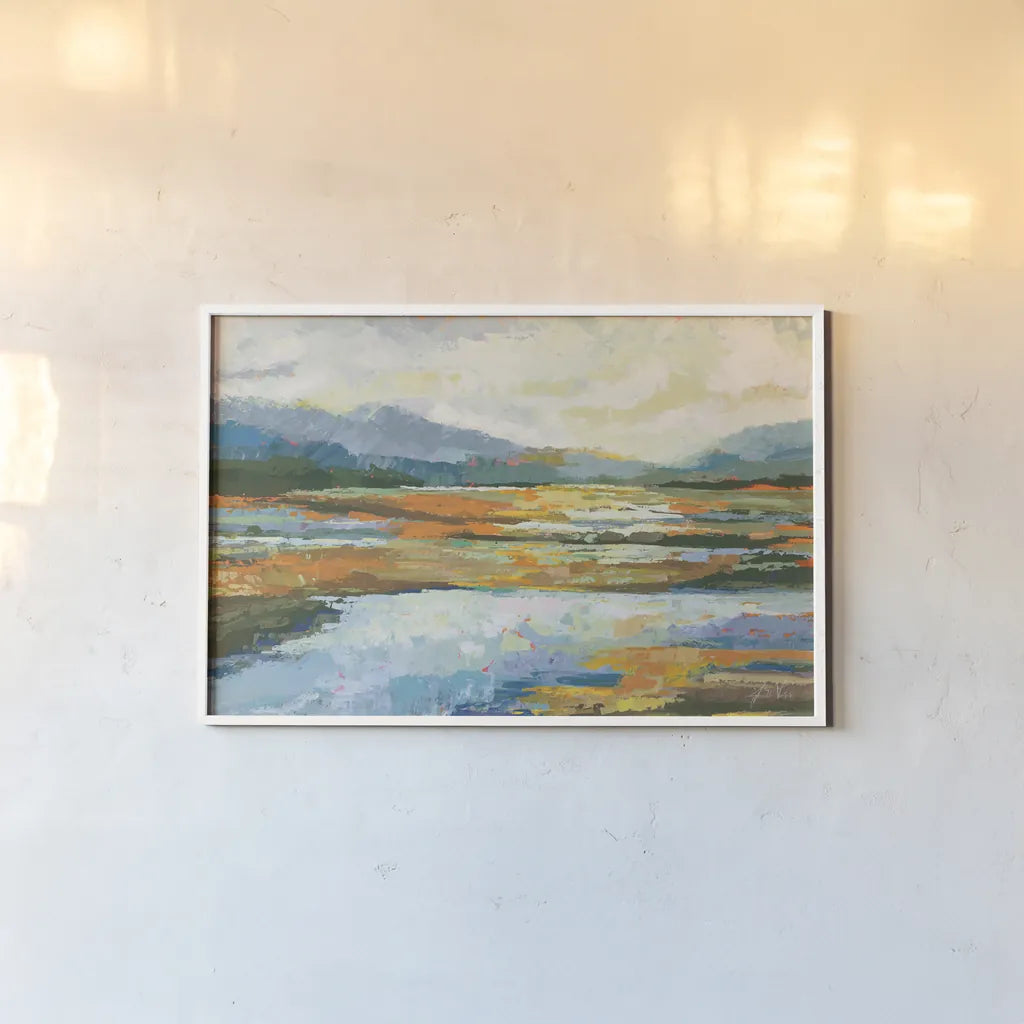 Fall Marsh Warm Crop by Jeanette Vertentes. shown as a paper print in a white frame. Available as a archival giclee rolled canvas, fine art paper, or poster print. SKU 68094i.