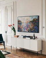 Fall Transformation by Jeanette Vertentes. shown as a framed stretched canvas in a living room above a console. Available as a archival giclee rolled canvas, fine art paper, or poster print. SKU 88568i.