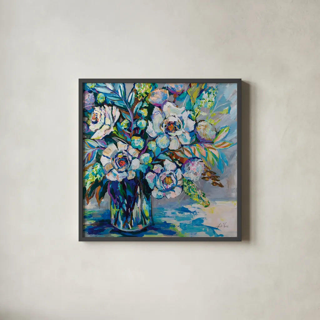 Feeling Blue I by Jeanette Vertentes. Shown in a sleek black glass frame for a contemporary gallery look. Available as an archival giclee rolled canvas, fine art paper, or poster print. SKU 80795a.