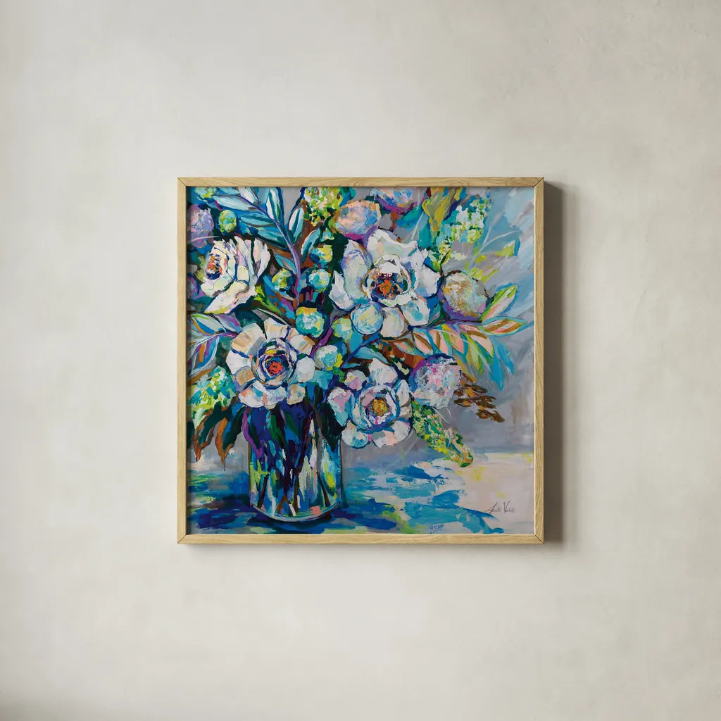 Feeling Blue I by Jeanette Vertentes. Shown in a natural wood glass frame for a timeless modern aesthetic. Available as an archival giclee rolled canvas, fine art paper, or poster print. SKU 80795a.