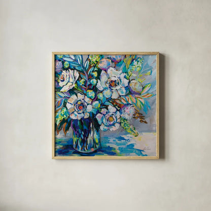 Feeling Blue I by Jeanette Vertentes. Shown in a natural wood glass frame for a timeless modern aesthetic. Available as an archival giclee rolled canvas, fine art paper, or poster print. SKU 80795a.