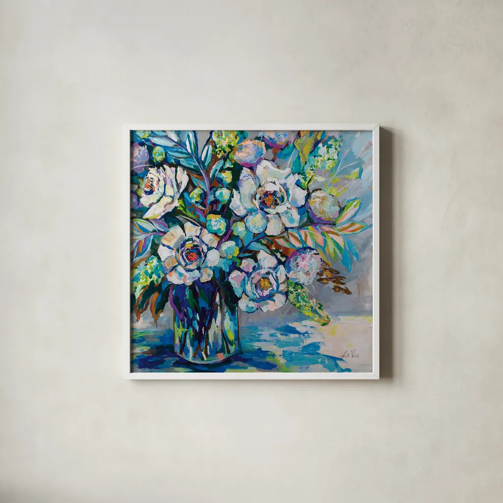 Feeling Blue I by Jeanette Vertentes. Shown in a crisp white glass frame for a clean and minimalist style. Available as an archival giclee rolled canvas, fine art paper, or poster print. SKU 80795a.