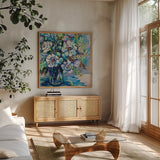 Feeling Blue I by Jeanette Vertentes. Shown in a natural wood frame in a cozy modern living room. Available as an archival giclee rolled canvas, fine art paper, or poster print. SKU 80795a.