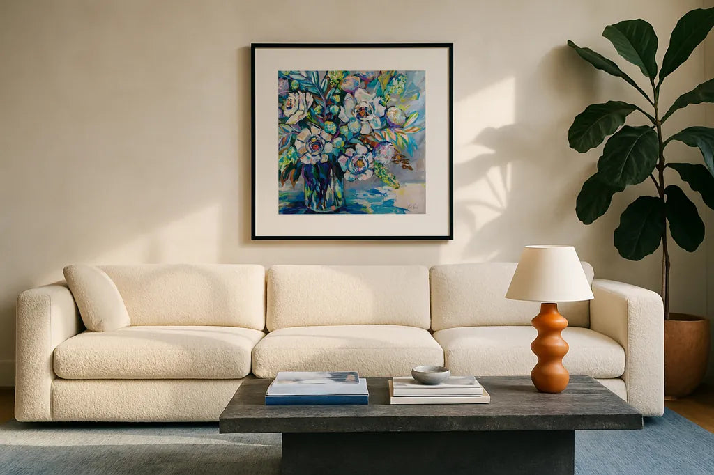 Feeling Blue I by Jeanette Vertentes. Displayed in a glass frame with matte in a clean modern living room. Available as an archival giclee rolled canvas, fine art paper, or poster print. SKU 80795a.
