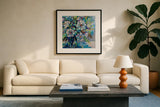 Feeling Blue I by Jeanette Vertentes. Displayed in a glass frame with matte in a clean modern living room. Available as an archival giclee rolled canvas, fine art paper, or poster print. SKU 80795a.