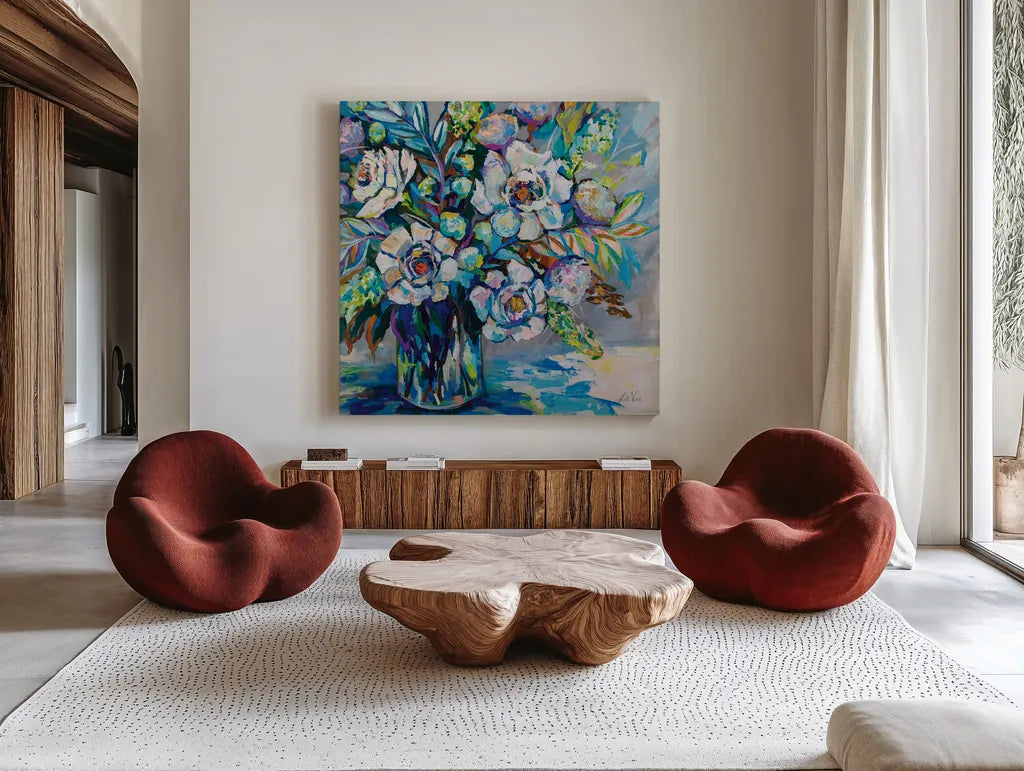 Feeling Blue I by Jeanette Vertentes. Shown as extra-large giant wall art in a modern living room. Available as an archival giclee rolled canvas, fine art paper, or poster print. SKU 80795a.