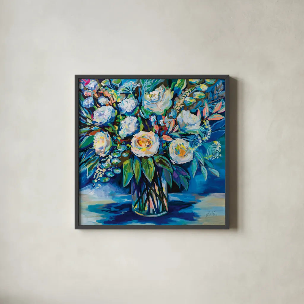Feeling Blue II by Jeanette Vertentes. Shown in a sleek black glass frame for a contemporary gallery look. Available as an archival giclee rolled canvas, fine art paper, or poster print. SKU 80796a.