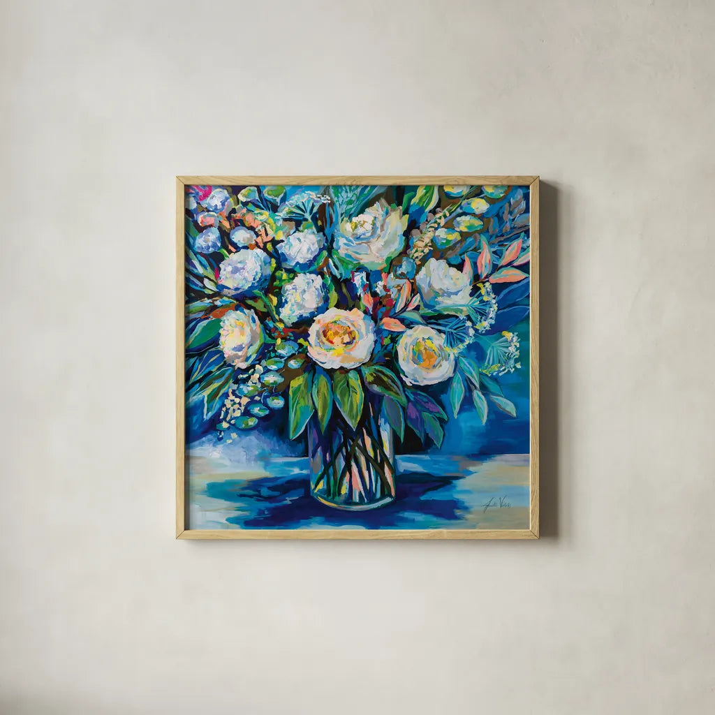 Feeling Blue II by Jeanette Vertentes. Shown in a natural wood glass frame for a timeless modern aesthetic. Available as an archival giclee rolled canvas, fine art paper, or poster print. SKU 80796a.