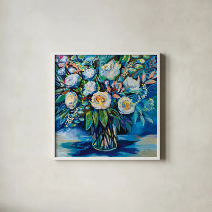 Feeling Blue II by Jeanette Vertentes. Shown in a crisp white glass frame for a clean and minimalist style. Available as an archival giclee rolled canvas, fine art paper, or poster print. SKU 80796a.