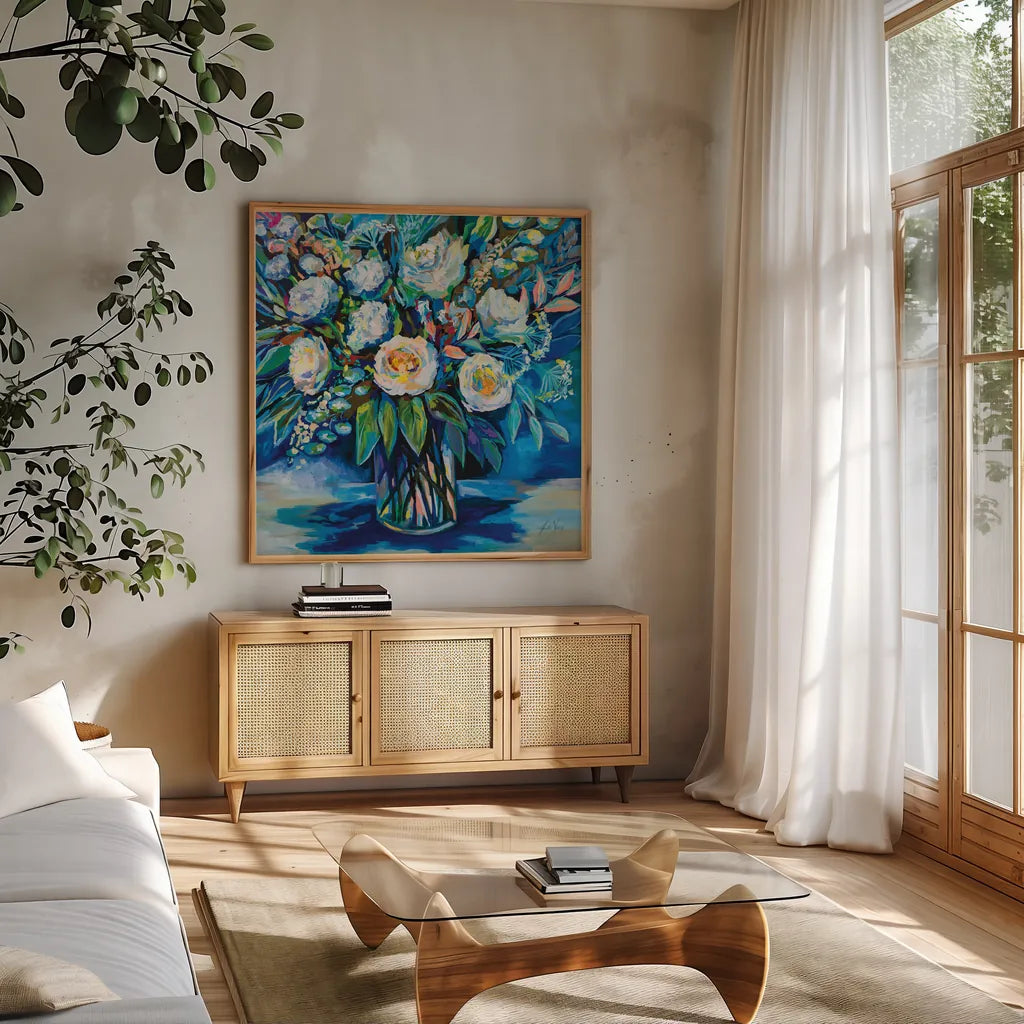 Feeling Blue II by Jeanette Vertentes. Shown in a natural wood frame in a cozy modern living room. Available as an archival giclee rolled canvas, fine art paper, or poster print. SKU 80796a.