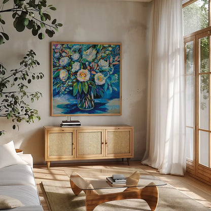 Feeling Blue II by Jeanette Vertentes. Shown in a natural wood frame in a cozy modern living room. Available as an archival giclee rolled canvas, fine art paper, or poster print. SKU 80796a.