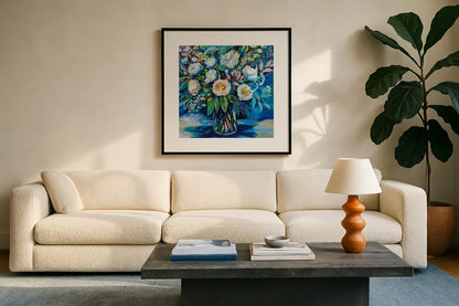 Feeling Blue II by Jeanette Vertentes. Displayed in a glass frame with matte in a clean modern living room. Available as an archival giclee rolled canvas, fine art paper, or poster print. SKU 80796a.
