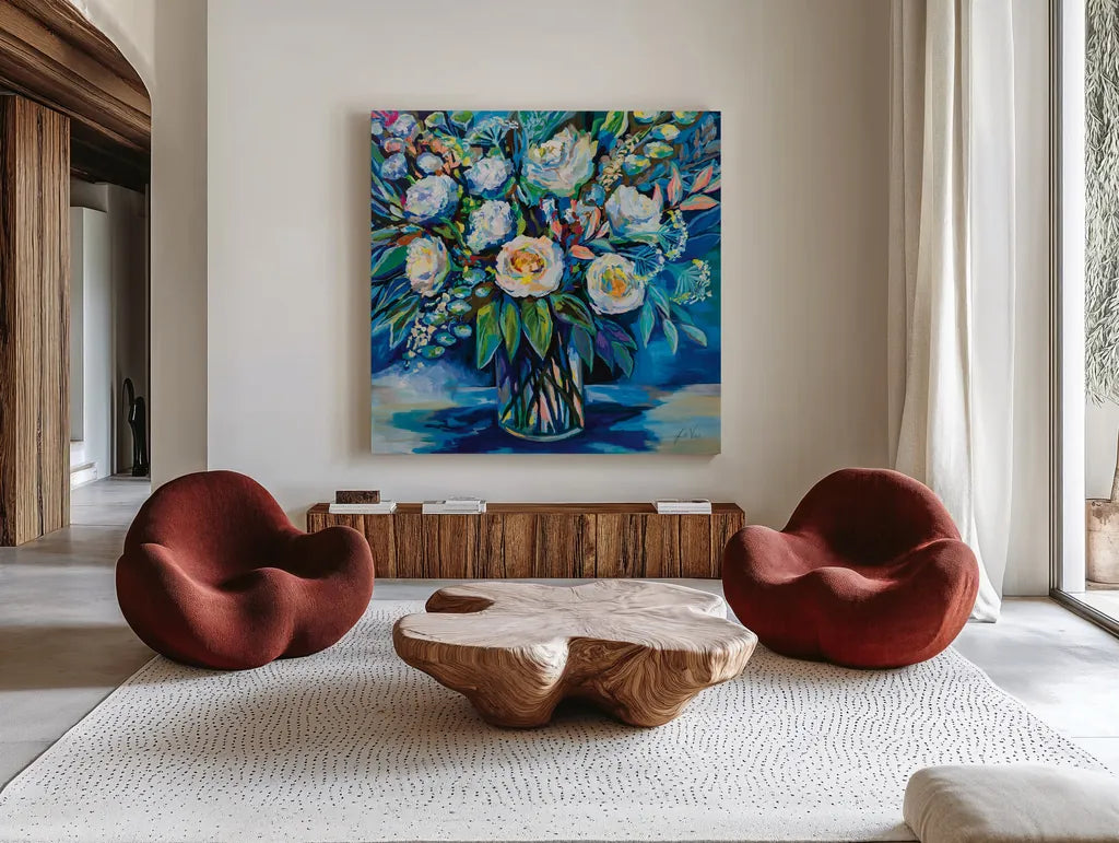 Feeling Blue II by Jeanette Vertentes. Shown as extra-large giant wall art in a modern living room. Available as an archival giclee rolled canvas, fine art paper, or poster print. SKU 80796a.