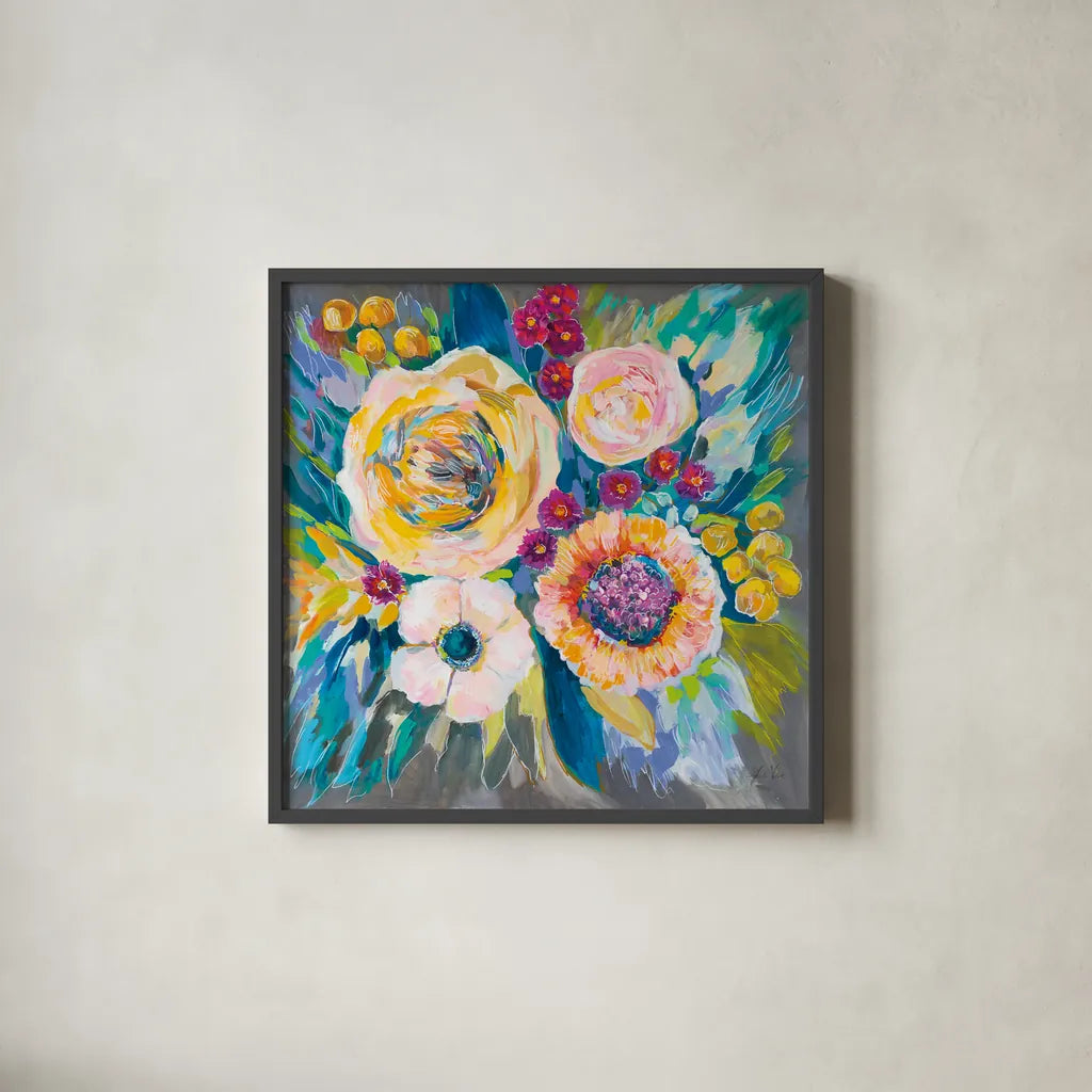 Festive by Jeanette Vertentes. Shown in a sleek black glass frame for a contemporary gallery look. Available as an archival giclee rolled canvas, fine art paper, or poster print. SKU 67247a.