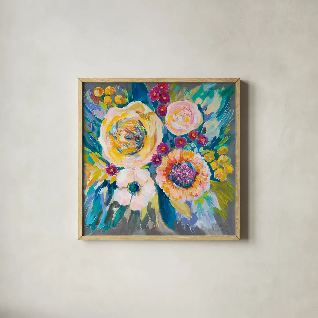 Festive by Jeanette Vertentes. Shown in a natural wood glass frame for a timeless modern aesthetic. Available as an archival giclee rolled canvas, fine art paper, or poster print. SKU 67247a.